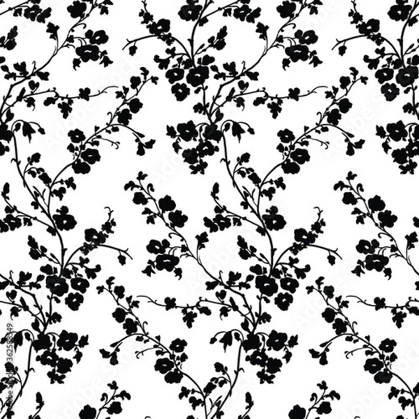 Obraz Tiny flowers seamless pattern, vector, black and white