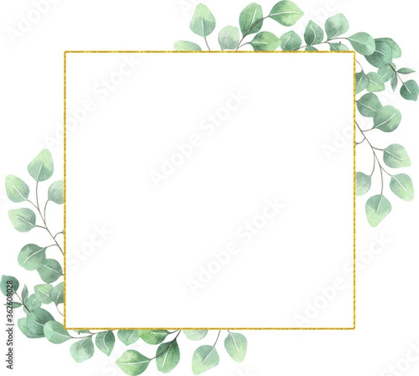 Fototapeta Watercolor eucalyptus gold frame on white background. Beautiful template for invite or greeting card, banner, backdrop.