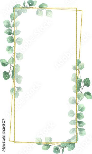 Fototapeta Watercolor eucalyptus gold frame on white background. Beautiful template for invite or greeting card, banner, backdrop.