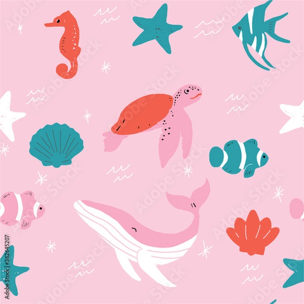 Obraz Seamless vector repeat pink red and green ocean animals pattern. This pattern has starfish, turtles, whales, clownfish, whales, and a turtle.