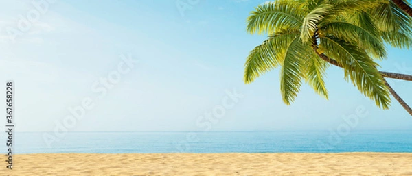 Obraz Beach with palm trees, ocean view, summer 3D background illustration concept