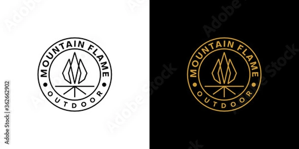 Obraz Mountain Flame Logo Badge Emblem. Fire Icon Element. Bonfire Campfire Outdoor Symbol. Letter M + Flames.