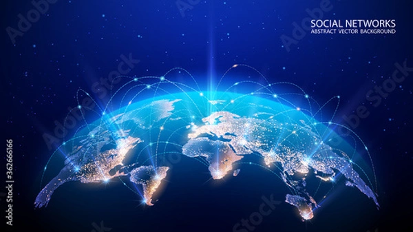 Obraz Wektor. Mapa planety. Mapa świata. Globalna sieć społecznościowa. Przyszłość. Niebieskie tło futurystyczne z planety Ziemia. Internet i technologia. Pływające niebieskie tło geometryczne splotu.