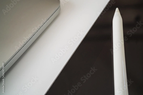 Obraz Flat lay composition with laptop and tablet on white background