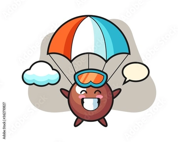 Fototapeta Chocolate ball cartoon is skydiving with happy gesture