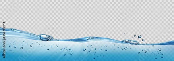 Fototapeta Realistic transparent Water waves with air bubbles and sunbeams on transparent background. Vector illustration