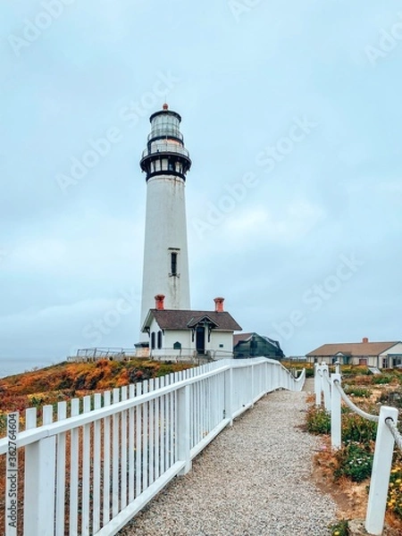 Obraz Pigeon point Lighthouse in Pescadero. White lighthouse on the Pacific coast. The tragic dark sky. Colorful flowers. Fall, summer. Free space for text. California, USA