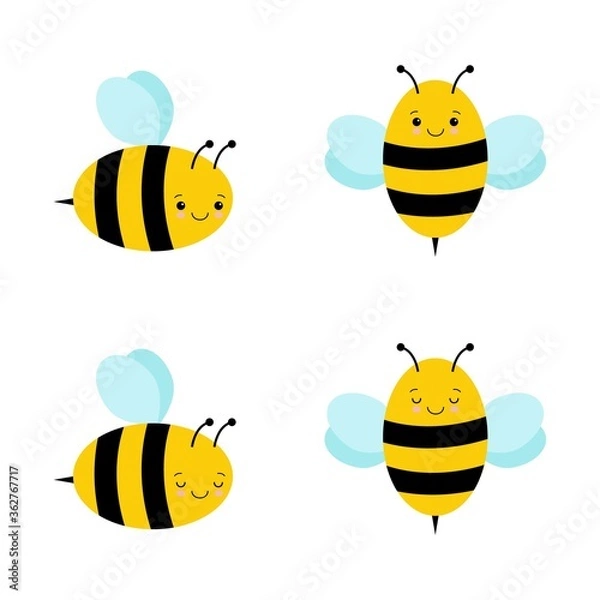 Obraz Set of cute cartoon bees. Funny happy bee characters for kids