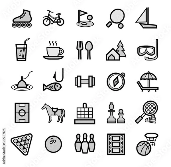 Fototapeta Active recreation and leisure, icons, set, gray. Gray images with a black outline. Sports and intellectual games. Passive rest. Vector.  
