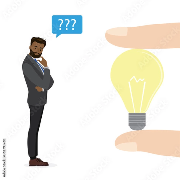 Fototapeta Fingers holding idea bulb. African american businessman thinks over new project and needs ideas. Brainstorming and teamwork concept.