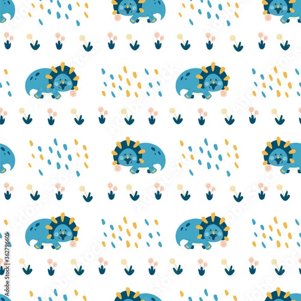 Obraz Seamless pattern of dinosaurs, palm tree, volcano. Colorful seamless texture for kids. Swatch of cartoon background. Stock vector illustration on white background.