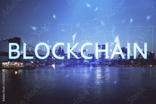 Obraz Multi exposure of cryptocurrency theme hologram drawing and city veiw background. Concept of blockchain and bitcoin.