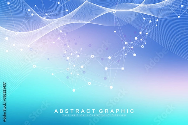Obraz Abstract geometric background with dynamic particles, wave flow. Big data, plexus stream background. Perspective data visualization with fractal element. Plexus flow style. Digital vector illustration