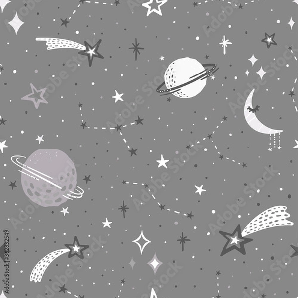 Fototapeta Childish seamless pattern with hand drawn elements,star, planet, galaxy on gray background. kids vector background