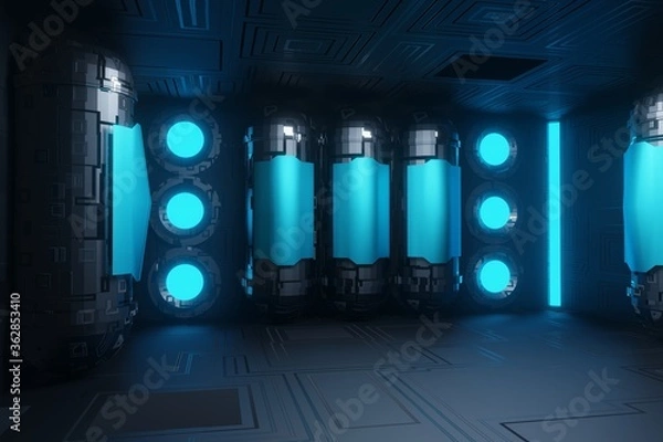 Fototapeta 3d rendering Sifi lab in dark space with the blue power