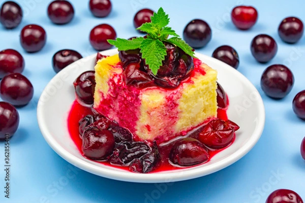 Fototapeta Cottage cheese casserole decorated with cherries
