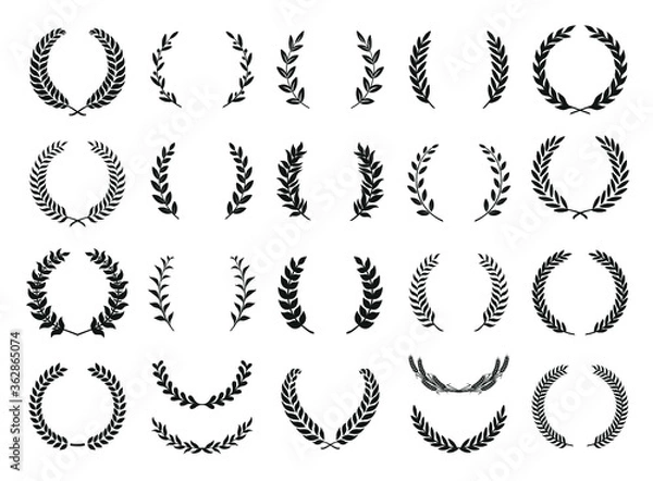 Fototapeta Collection of different black and white silhouette circular laurel foliate, wheat and olive wreaths depicting an award, achievement, heraldry, nobility. Vector illustration.