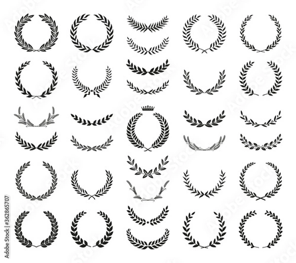 Fototapeta Collection of different black and white silhouette circular laurel foliate, wheat and olive wreaths depicting an award, achievement, heraldry, nobility. Vector illustration.