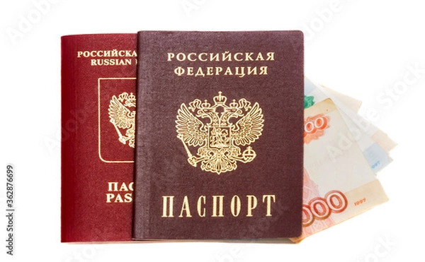 Fototapeta Russian passport and foreign passport of Russia in open and closed form on an isolated background