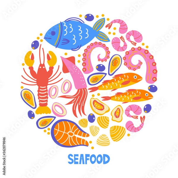 Obraz Set with kitchen utensil and appliance. Scandinavian illustration of kitchen elements in flat style. Funny cartoon round composition. Food preparation and kitchenware. Vector doodle clipart. Seafood