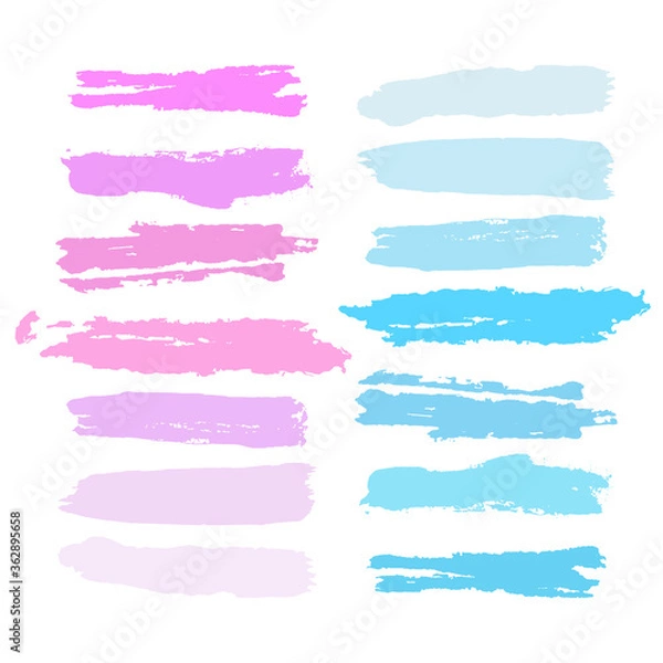 Fototapeta Watercolor paint brush strokes set of pink, neon purple ink splatters. Grunge paintbrush texture, abstract blobs and splashes, vector light color smear, daub. Pastel palette