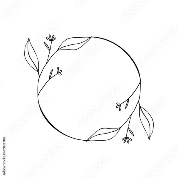 Fototapeta Vector botanical illustration, simple contour design template. Floral wreath line art for retro sketch greeting card. Summer banner in vintage style.