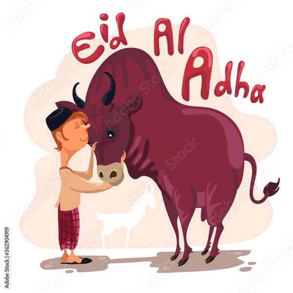 Fototapeta Man petting a cow for sacrifice celebrating Eid al adha. Happy Eid al Adha Mubarak. Selamat Idul Adha
