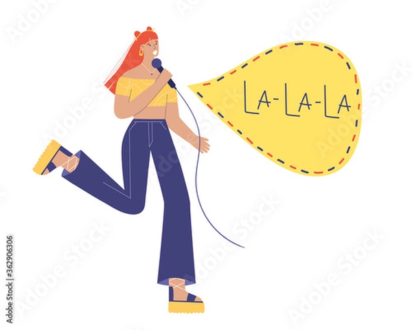 Fototapeta Cute cheerful woman singing with a microphone. Cartoon style. Vector illustration on a white background.
