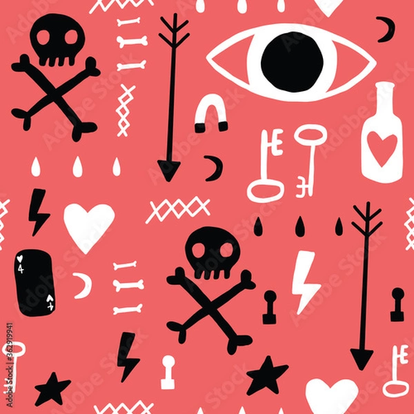 Obraz Red Black and White grunge doodle Seamless repeat pattern. Eye bottle key skull and crossbones.