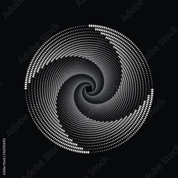 Obraz Abstract white tiny triangles. Spiral form. Geometric art. Halftone dots. Trendy design element for logo, tattoo, sign, symbol, web pages, prints, posters, template, pattern and abstract background