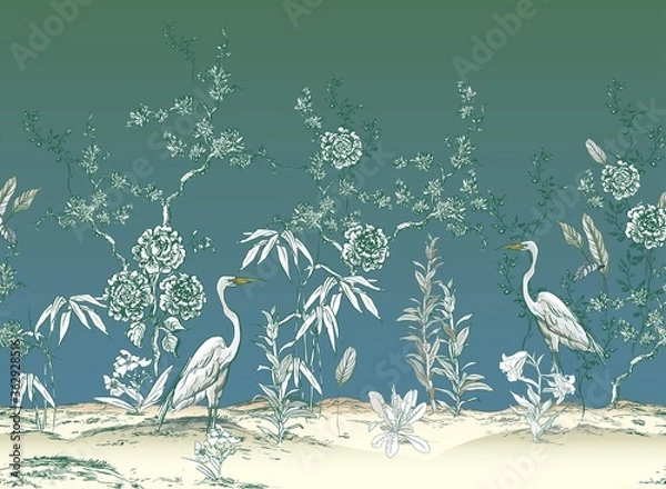 Obraz Vintage Garden Tree, Chinoiserie Exotic Crane Birds in Floral Seamless Border, Oriental Design Wildlife in Plants Engraving White on Blue Background