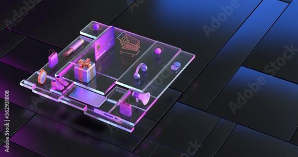 Fototapeta 3d rendering of gold shopping cart with gift box.