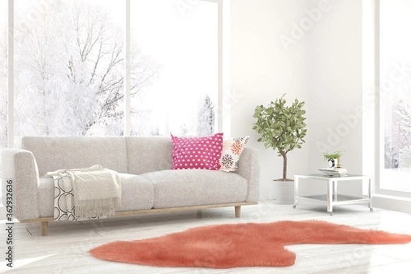 Fototapeta White stylish minimalist room with sofa and winter landscape in window. Scandinavian interior design. 3D illustration