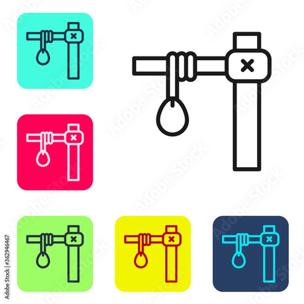 Fototapeta Black line Gallows rope loop hanging icon isolated on white background. Rope tied into noose. Suicide, hanging or lynching. Set icons in color square buttons. Vector.