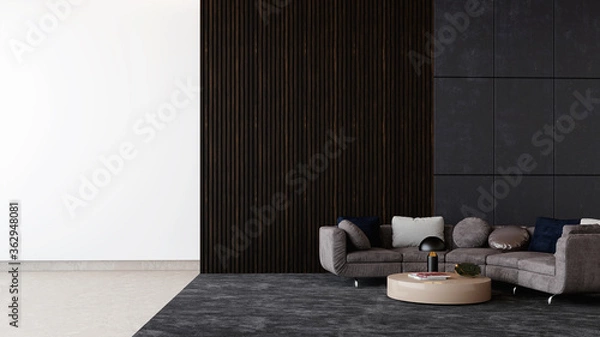Obraz Modern interior design, rounded sofa and coffee table with lamp in front of the wood and stone paneled empty mockup wall, 3D illustration background concept