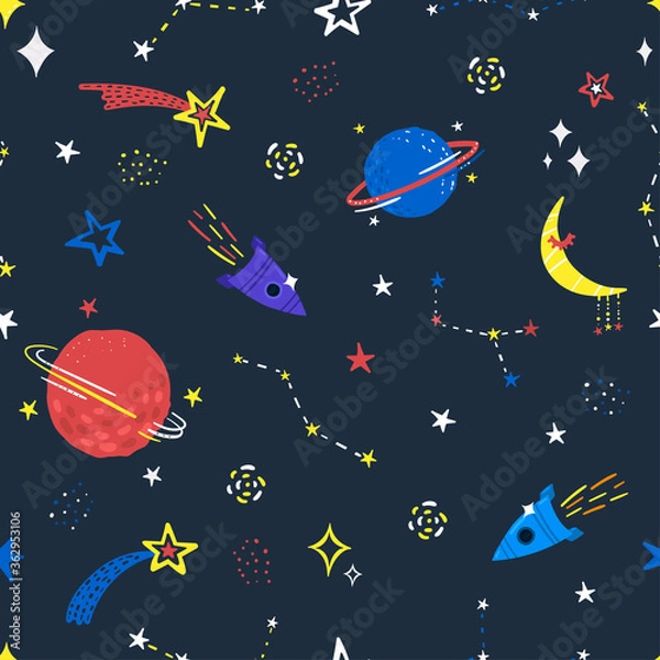 Fototapeta childish space seamless pattern with hand drawn elements, rockets, stars, planet on dark blue background