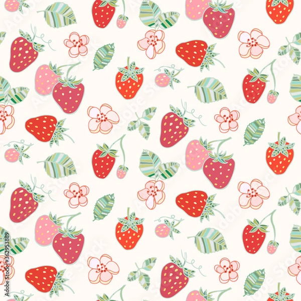 Fototapeta Strawberry leaves flowers pattern doodle hand drawn. Colorful graphics vector. Vector floral texture for fabric, wrapping paper, floral design.
