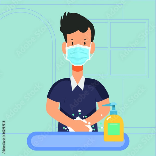 Fototapeta Young man wear masks use alcohol antiseptic gel to clean hands and prevent germs. Premium Vector

