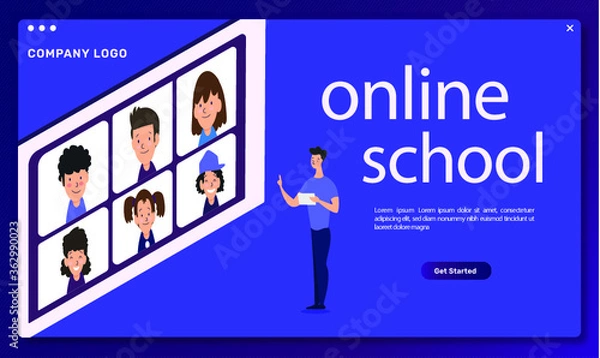 Fototapeta Elementary school teacher conducting a lesson via video chat with his students, EPS 8 vector illustration