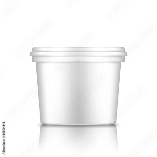 Fototapeta White bucket with cap mockup isolated from background: ice cream, yoghurt, mayo, paint, or putty container. Plastic package design. Blank food or decor product template. 3d vector illustration