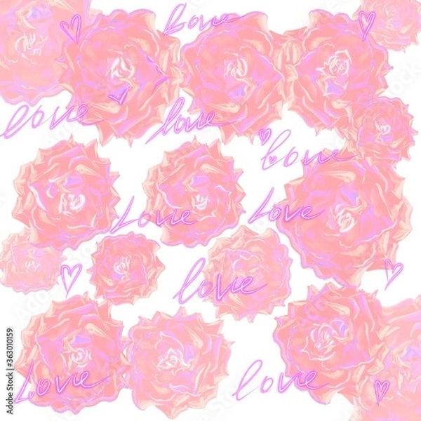 Fototapeta delicate romantic background with beautiful roses and inscriptions love for print illustration 