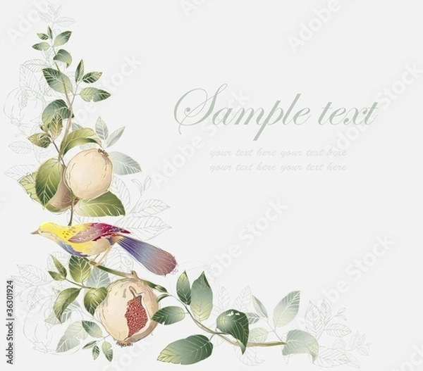 Fototapeta Greeting card with birds and garnet tree.