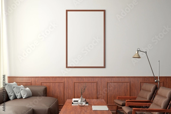 Fototapeta Pionowa pusta makieta plakatu na białej ścianie w klasycznym wnętrzu nowoczesnego salonu.
