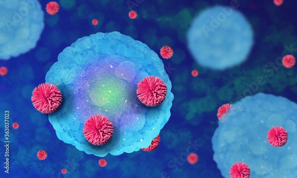 Fototapeta 3d abstract rendering of cancer cells and immunotherapy treatment