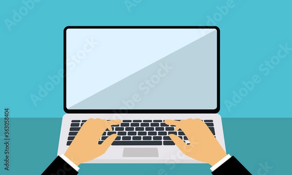 Fototapeta Laptop and hands on the keyboard. Vector Illustration.