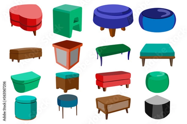 Fototapeta A large designer's set of sixteen furniture elements in a design of different shapes and from different sides. Puffs of furniture. Vector illustration.