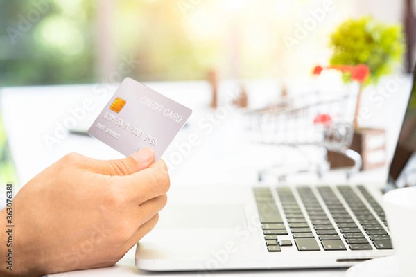 Obraz Hands holding credit card and using laptop. working at home. Online shopping, e-commerce, internet banking, spending money, working from home concept
