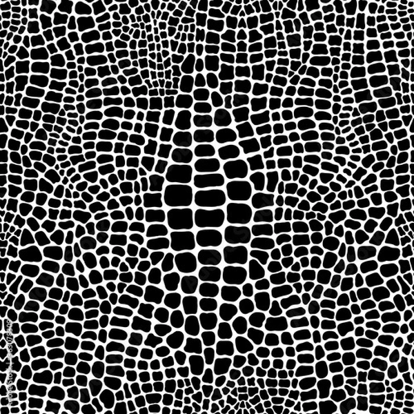 Fototapeta Seamless pattern with crocodile or alligator skin print. Spotted black and white repeating wallpaper. Animalistic vector illustration. 