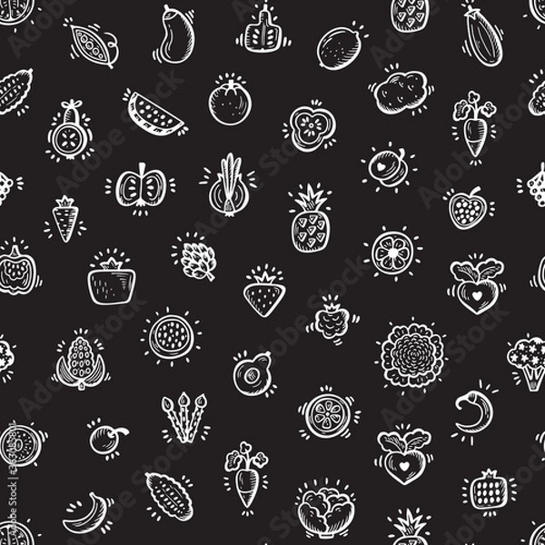 Fototapeta Food Vector Seamless Pattern. Doodle Fruits, Vegetables and Berries Icons