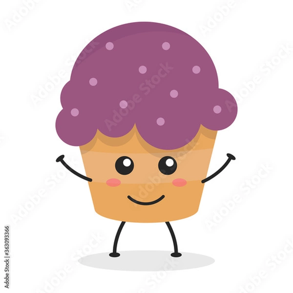 Fototapeta Cute flat cartoon cupcake illustration. Vector illustration of a cute cupcake with a smiling expression. Cute cake mascot design